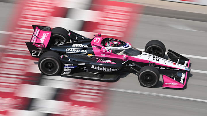 Jul 21, 2024; Toronto, Ontario, CAN;  Andretti Global driver Kyle Kirkwood (27) during the Honda Dealers Indy at Streets of Toronto. Mandatory Credit: Dan Hamilton-Imagn Images