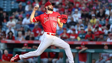 Aug 22, 2023; Anaheim, California, USA; Los Angeles Angels starting pitcher Lucas Giolito (24)
