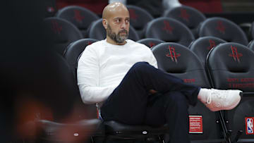 Dec 1, 2024; Houston, Texas, USA; Houston Rockets general manager Rafael Stone watches during practice before the game against the Oklahoma City Thunder at Toyota Center. Mandatory Credit: Troy Taormina-Imagn Images