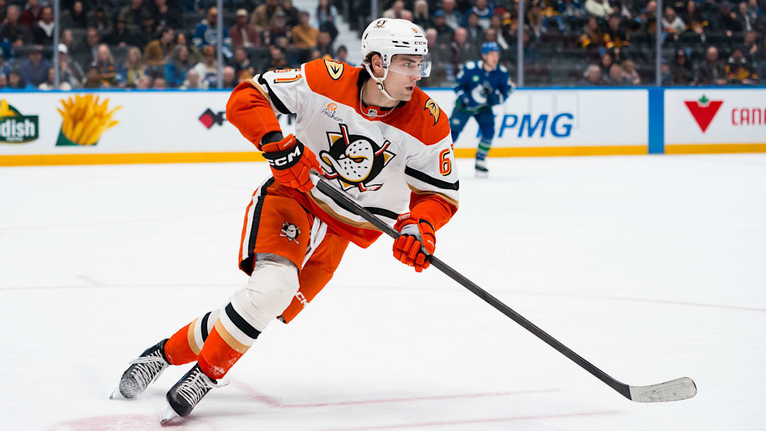Mar 24, 2026; Vancouver, British Columbia, CAN; Anaheim Ducks forward Cutter Gauthier (61) skates against the Vancouver Canucks in the first period at Rogers Arena. Mandatory Credit: Bob Frid-Imagn Images