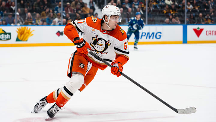 Mar 24, 2026; Vancouver, British Columbia, CAN; Anaheim Ducks forward Cutter Gauthier (61) skates against the Vancouver Canucks in the first period at Rogers Arena. Mandatory Credit: Bob Frid-Imagn Images
