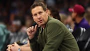 Dec 19, 2024; Phoenix, Arizona, USA; Phoenix Suns owner Mat Ishbia sits courtside against the Indiana Pacers at Footprint Center. Mandatory Credit: Mark J. Rebilas-Imagn Images
