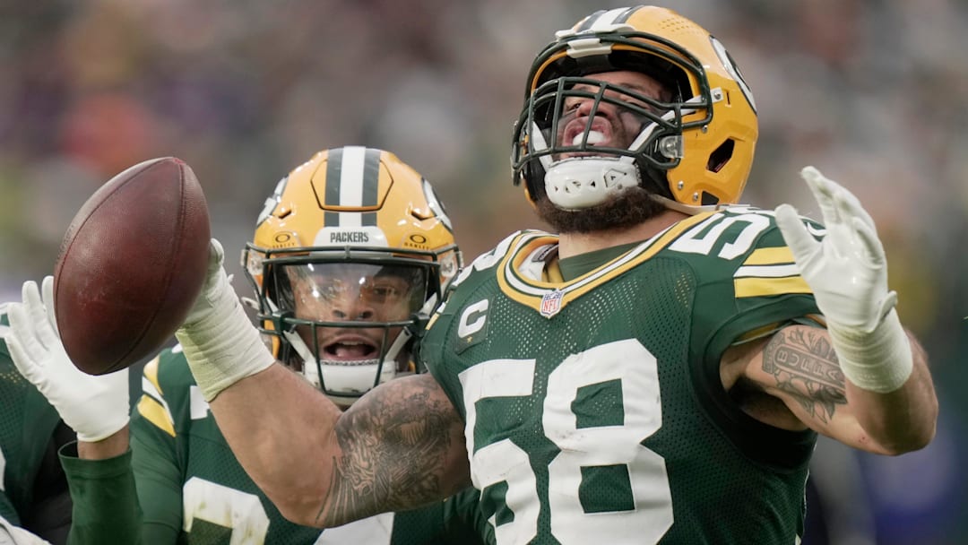 Green Bay Packers linebacker Isaiah McDuffie (58) celebrates his interception during the fourth quarter of their game Sunday, November 23, 2025, at Lambeau Field in Green Bay, Wisconsin.