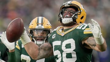 Green Bay Packers linebacker Isaiah McDuffie (58) celebrates his interception during the fourth quarter of their game Sunday, November 23, 2025, at Lambeau Field in Green Bay, Wisconsin.