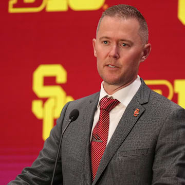 Jul 24, 2025; Las Vegas, NV, USA; USC head coach Lincoln Riley speaks to the media during the Big Ten NCAA college football media days at Mandalay Bay Resort. Mandatory Credit: Lucas Peltier-Imagn Images