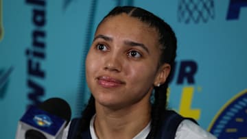 Apr 5, 2025; Tampa, FL, USA; UConn Huskies guard Azzi Fudd (35) talks to media before the NCAA Woman’s Final practice at Amalie Arena. Mandatory Credit: Nathan Ray Seebeck-Imagn Images