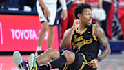 Feb 13, 2025; Spokane, Washington, USA; San Francisco Dons guard Malik Thomas (1) reacts after a play against the Gonzaga Bulldogs in the second half at McCarthey Athletic Center. The Bulldogs won 88-77. Mandatory Credit: James Snook-Imagn Images