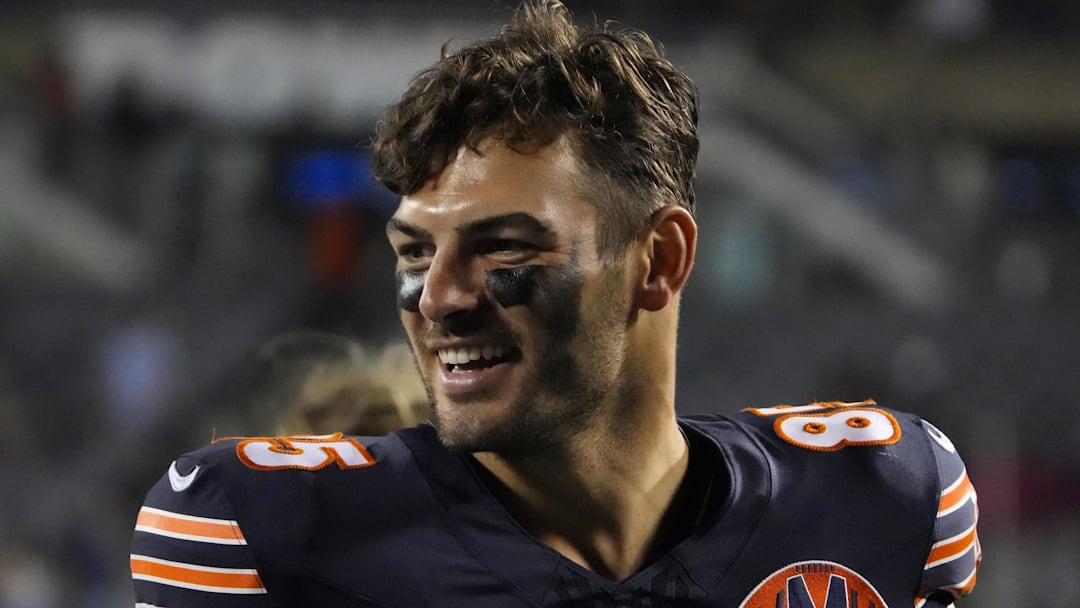 Aug 17, 2025; Chicago, Illinois, USA; Chicago Bears tight end Cole Kmet (85) after the game against the Buffalo Bills at Soldier Field. Mandatory Credit: David Banks-Imagn Images