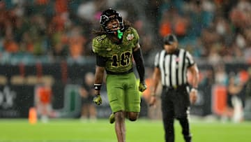 Oct 25, 2025; Miami Gardens, Florida, USA; Miami Hurricanes wide receiver Malachi Toney (10) reacts against the Stanford Cardinal during the third quarter at Hard Rock Stadium. Mandatory Credit: Sam Navarro-Imagn Images