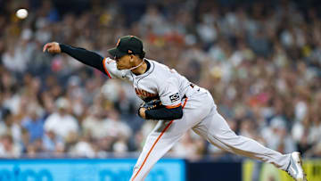 Aug 18, 2025; San Diego, California, USA; San Francisco Giants relief pitcher Randy Rodriguez (73) throws a pitch during the ninth inning against the San Diego Padres at Petco Park. Mandatory Credit: David Frerker-Imagn Images