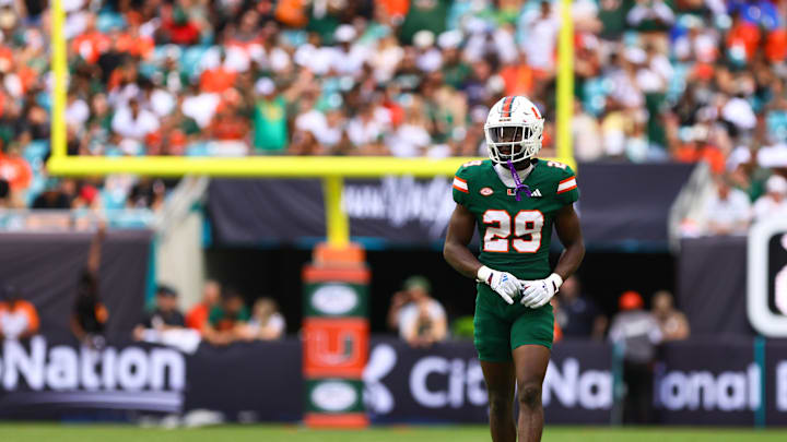 Nov 2, 2024; Miami Gardens, Florida, USA; Miami Hurricanes defensive back OJ Frederique Jr. (29) plays his position against the Duke Blue Devils during the fourth quarter at Hard Rock Stadium. Mandatory Credit: Sam Navarro-Imagn Images