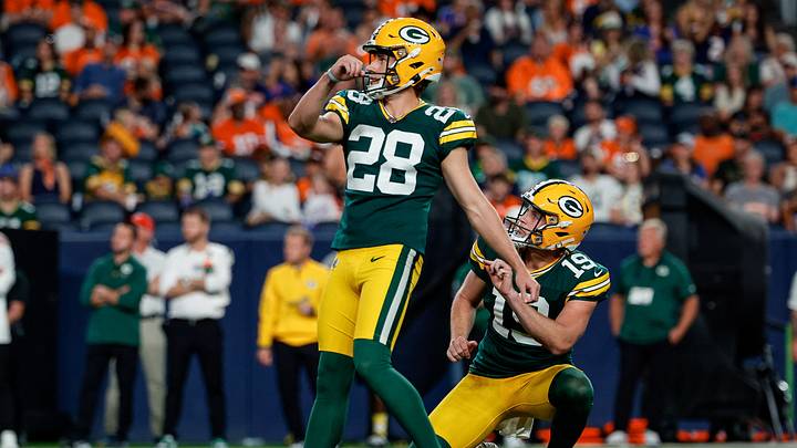 Aug 21, 2026; Denver, Colorado, USA; Green Bay Packers place kicker Trey Smack (28) and punter Daniel Whelan (19) watch a point after attempt in the fourth quarter against the Denver Broncos at Empower Field at Mile High. Mandatory Credit: Isaiah J. Downing-Imagn Images