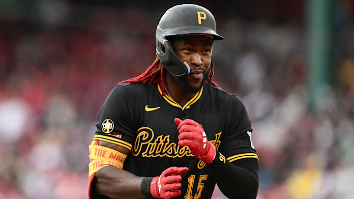 Aug 30, 2025; Boston, Massachusetts, USA; Pittsburgh Pirates center fielder Oneil Cruz (15) reacts after hitting a solo home run against the Boston Red Sox during the fifth inning at Fenway Park. Mandatory Credit: Brian Fluharty-Imagn Images