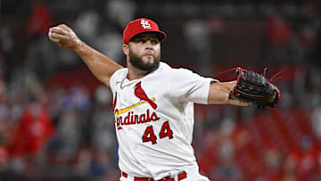 Jul 11, 2022; St. Louis, Missouri, USA;  St. Louis Cardinals relief pitcher Junior Fernandez (44) pitches against the Philadelphia Phillies during the ninth inning at Busch Stadium. Mandatory Credit: Jeff Curry-Imagn Images
