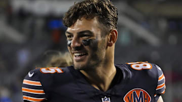 Chicago Bears tight end Cole Kmet (85) after the game against the Buffalo Bills at Soldier Field.
