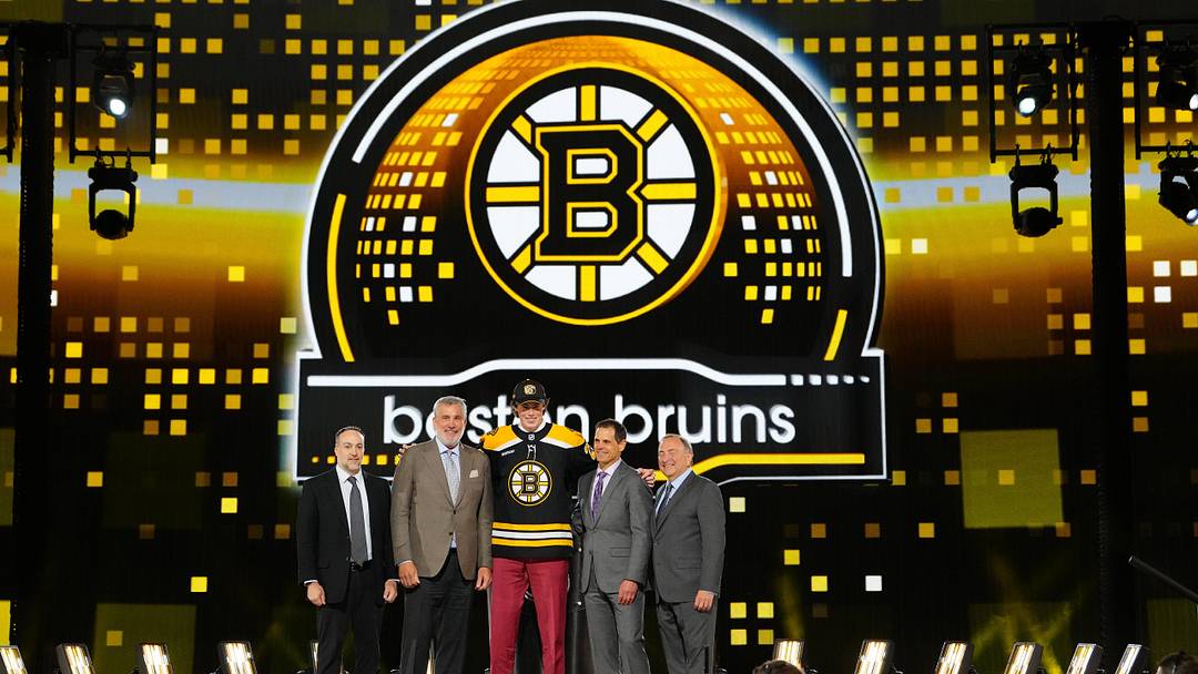 Jun 28, 2024; Las Vegas, Nevada, USA; Dean Letourneau is selected by the Boston Bruins with the 25th overall pick in the first round of the 2024 NHL Draft at The Sphere. Mandatory Credit: Stephen R. Sylvanie-Imagn Images