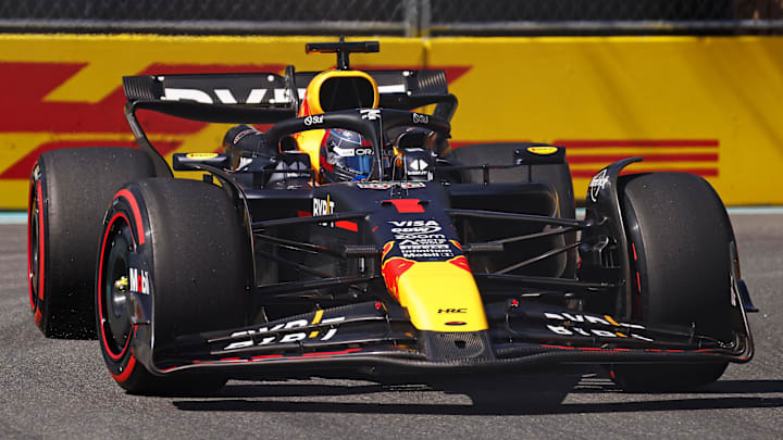 May 4, 2024; Miami Gardens, Florida, USA; Red Bull Racing driver Max Verstappen (1) during F1 qualifying for Miami Grand Prix at Miami International Autodrome. Mandatory Credit: Peter Casey-Imagn Images