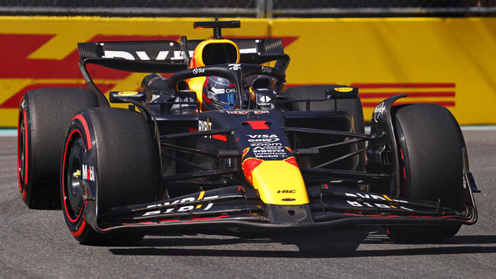 May 4, 2024; Miami Gardens, Florida, USA; Red Bull Racing driver Max Verstappen (1) during F1 qualifying for Miami Grand Prix at Miami International Autodrome. Mandatory Credit: Peter Casey-USA TODAY Sports