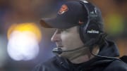 Nov 18, 2023; Corvallis, Oregon, USA; Oregon State Beavers head coach Jonathan Smith looks onto the field during the second half against the Washington Huskies  at Reser Stadium. Mandatory Credit: Soobum Im-USA TODAY Sports