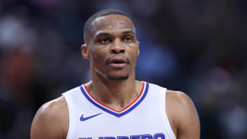 Oct 27, 2023; Salt Lake City, Utah, USA; Los Angeles Clippers guard Russell Westbrook (0) looks on at the end of the first half against the Utah Jazz at Delta Center. 