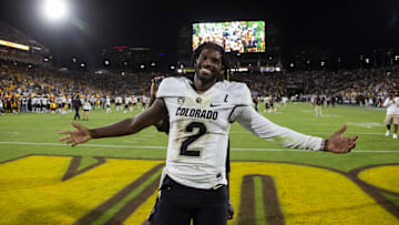Oct 7, 2023; Tempe, Arizona, USA; Colorado Buffaloes quarterback Shedeur Sanders (2) celebrates after defeating the Arizona State Sun Devils at Mountain America Stadium, Home of the ASU Sun Devils. Mandatory Credit: Mark J. Rebilas-Imagn Images
