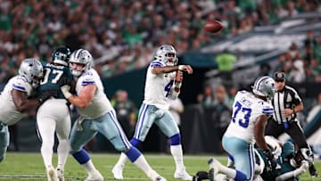 Sep 4, 2025; Philadelphia, Pennsylvania, USA; Dallas Cowboys quarterback Dak Prescott (4) passes the ball against the Philadelphia Eagles during the first quarter of the game at Lincoln Financial Field. Mandatory Credit: Bill Streicher-Imagn Images