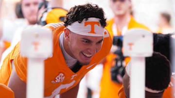 Tennessee quarterback Joey Aguilar (6) smiles on the sidelines during a NCAA football game between Tennessee and Georgia at Neyland Stadium in Knoxville, Tennessee, on September 13, 2025.
