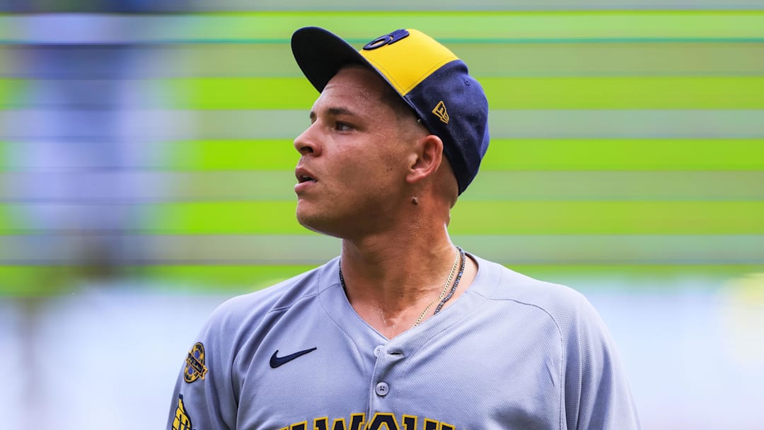 Aug 17, 2025; Cincinnati, Ohio, USA; Milwaukee Brewers relief pitcher Tobias Myers (36) walks off the field during a pitching change in the ninth inning against the Cincinnati Reds at Great American Ball Park. Mandatory Credit: Katie Stratman-Imagn Images