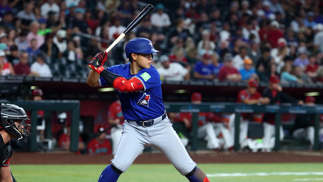 Apr 19, 2026; Phoenix, Arizona, USA; Toronto Blue Jays third baseman Kazuma Okamoto against the Arizona Diamondbacks at Chase Field. Mandatory Credit: Mark J. Rebilas-Imagn Images