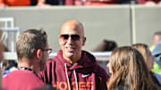 Nov 22, 2025; Blacksburg, Virginia, USA; Incoming head coach James Franklin speaks to fans on the sideline before the game at Lane Stadium. Mandatory Credit: Brian Bishop-Imagn Images