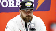 Kansas City Chiefs tight end Travis Kelce (87) talks to the media during Super Bowl LIX Opening Night at Ceasars Superdome.