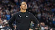 Jan 2, 2025; Minneapolis, Minnesota, USA; Boston Celtics head coach Joe Mazzulla looks on against the Minnesota Timberwolves in the second half at Target Center. Mandatory Credit: Jesse Johnson-Imagn Images