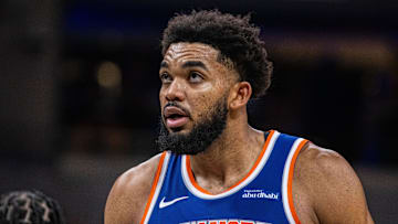 Nov 10, 2024; Indianapolis, Indiana, USA;  New York Knicks center Karl-Anthony Towns (32) in the second half against the Indiana Pacers at Gainbridge Fieldhouse. Mandatory Credit: Trevor Ruszkowski-Imagn Images
