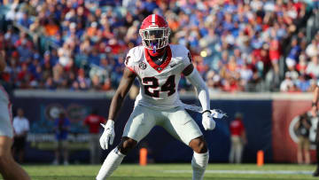 Georgia Bulldogs defensive back Malaki Starks (24) against the Florida Gators during the first half at EverBank Stadium.