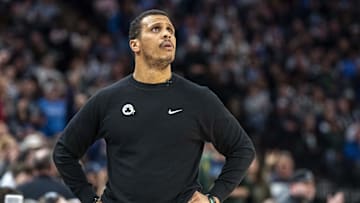 Jan 2, 2025; Minneapolis, Minnesota, USA; Boston Celtics head coach Joe Mazzulla looks on against the Minnesota Timberwolves in the second half at Target Center. Mandatory Credit: Jesse Johnson-Imagn Images