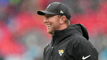 Oct 19, 2025; London, United Kingdom; Jacksonville Jaguars head coach Liam Coen looks on during warmups before a NFL International Series game between the Los Angeles Rams and the Jacksonville Jaguars at Wembley Stadium. T