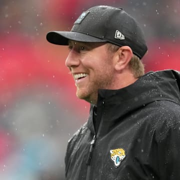 Oct 19, 2025; London, United Kingdom; Jacksonville Jaguars head coach Liam Coen looks on during warmups before a NFL International Series game between the Los Angeles Rams and the Jacksonville Jaguars at Wembley Stadium. Mandatory Credit: Kirby Lee-Imagn Images