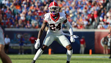 wOct 28, 2023; Jacksonville, Florida, USA; Georgia Bulldogs defensive back Malaki Starks (24) against the Florida Gators during the first half at EverBank Stadium. Mandatory Credit: Kim Klement Neitzel-Imagn Images