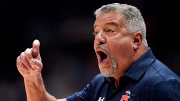 Auburn head coach Bruce Pearl works with his team against Florida during the first half of the SEC tournament championship game at Bridgestone Arena in Nashville, Tenn., Sunday, March 17, 2024.