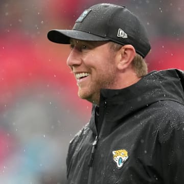 Oct 19, 2025; London, United Kingdom; Jacksonville Jaguars head coach Liam Coen looks on during warmups before a NFL International Series game between the Los Angeles Rams and the Jacksonville Jaguars at Wembley Stadium. Mandatory Credit: Kirby Lee-Imagn Images