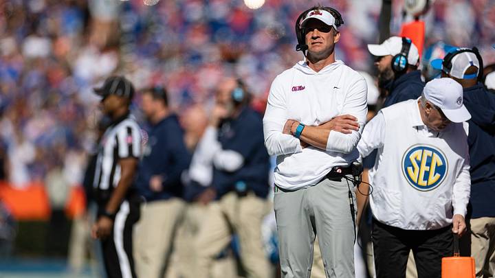 Nov 23, 2024; Gainesville, Florida, USA; Mississippi Rebels head coach Lane Kiffin looks on against the Florida Gators during the first half at Ben Hill Griffin Stadium. Mandatory Credit: Matt Pendleton-Imagn Images