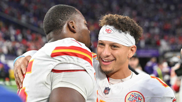 Oct 8, 2023; Minneapolis, Minnesota, USA; Kansas City Chiefs quarterback Patrick Mahomes (15) and defensive tackle Chris Jones (95) react after the game against the Minnesota Vikings at U.S. Bank Stadium. Mandatory Credit: Jeffrey Becker-USA TODAY Sports