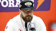 Feb 3, 2025; New Orleans, LA, USA; Kansas City Chiefs tight end Travis Kelce (87) talks to the media during Super Bowl LIX Opening Night at Ceasars Superdome. Mandatory Credit: Stephen Lew-Imagn Images