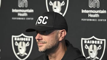 Apr 25, 2025; Henderson, NV, USA; (L-R) Las Vegas Raiders general manager John Spytek during a news conference introducing Ashton Jeanty as the first round draft pick in the 2025 NFL Draft at Intermountain Health Performance Center. Mandatory Credit: Candice Ward-Imagn Images