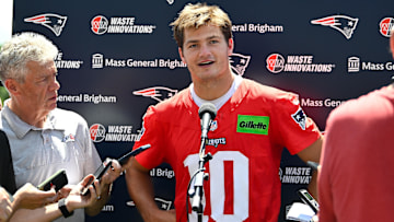 Jul 23, 2025; Foxborough, MA, USA; New England Patriots quarterback Drake Maye (10) addresses the media after practice during day one of training camp at Gillette Stadium. Mandatory Credit: Eric Canha-Imagn Images