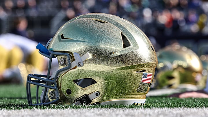 Oct 26, 2024; East Rutherford, New Jersey, USA; A Notre Dame Fighting Irish helmets rests on the field before the game between the Fighting Irish and the Navy Midshipmen at MetLife Stadium. Mandatory Credit: Vincent Carchietta-Imagn Images