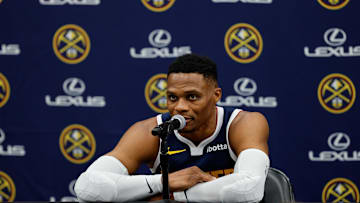 Sep 26, 2024; Denver, Co, USA; Denver Nuggets guard Russell Westbrook (4) during Denver Nuggets Media Day. Mandatory Credit: Isaiah J. Downing-Imagn Images