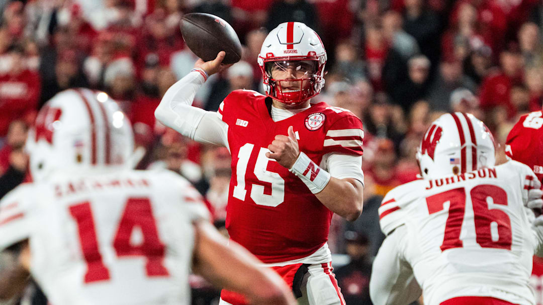 Nov 23, 2024; Lincoln, Nebraska, USA; Nebraska quarterback Dylan Raiola passes during the fourth quarter against Wisconsin.