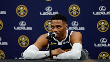 Sep 26, 2024; Denver, Co, USA; Denver Nuggets guard Russell Westbrook (4) during Denver Nuggets Media Day. Mandatory Credit: Isaiah J. Downing-Imagn Images