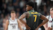 Nov 4, 2024; Spokane, Washington, USA; Baylor Bears guard VJ Edgecombe (7) looks back at his bench against the Gonzaga Bulldogs in the first half at Spokane Arena. Mandatory Credit: James Snook-Imagn Images